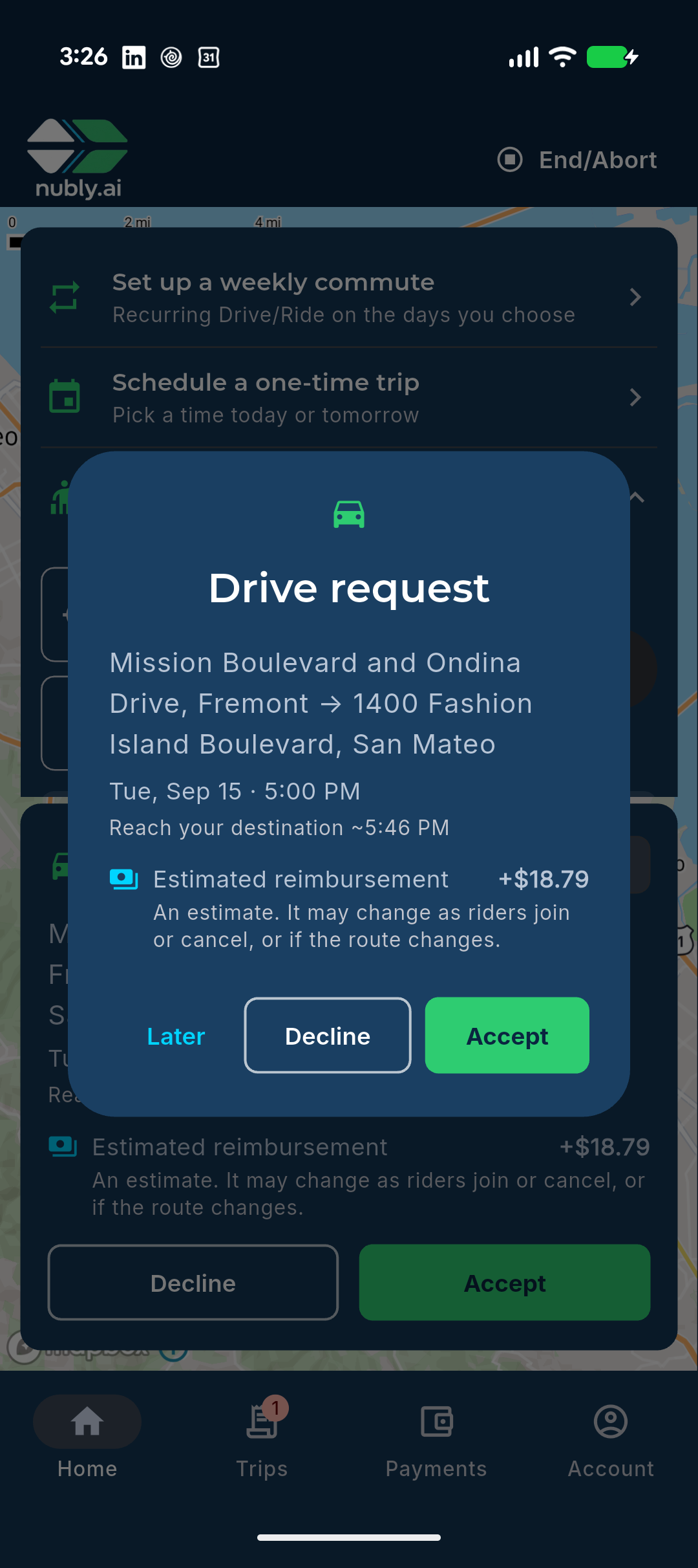 Driver's screen — 'New rider available' with pickup, drop-off, and toll, and Accept / Decline buttons