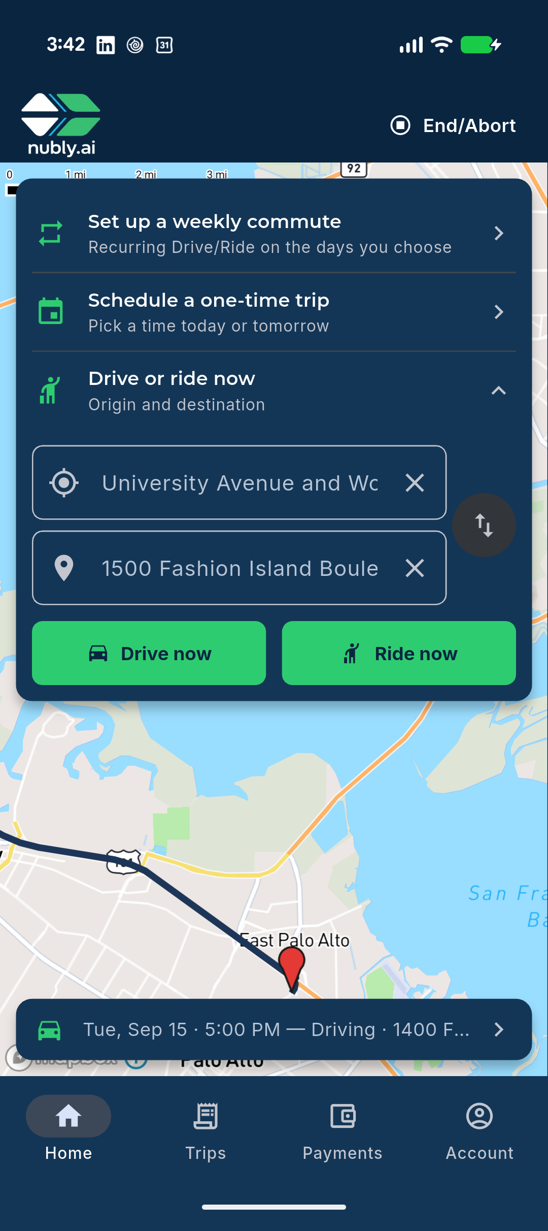 Nubly home screen — Drive and Ride buttons, with a 'Not ready yet? Schedule a trip' link