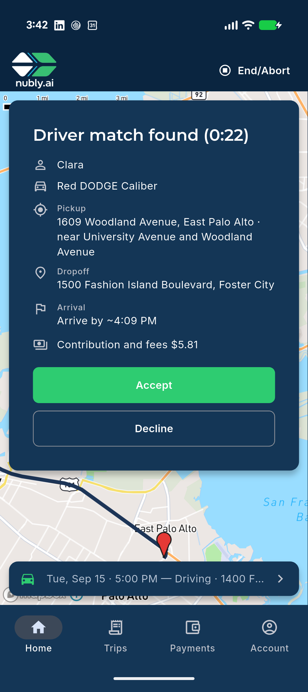 Rider's screen — 'Driver match found' with a countdown, pickup and drop-off, and Accept / Decline buttons