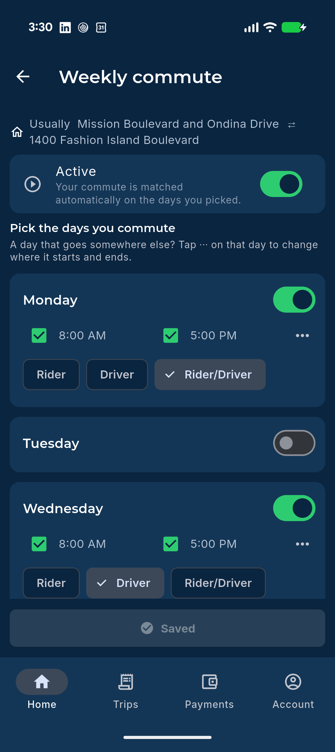 Nubly weekly commute scheduler — toggle the days you commute and set driver, rider, or driver/rider for each day